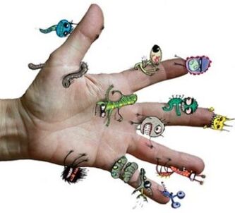 Germs and parasites on a human hand